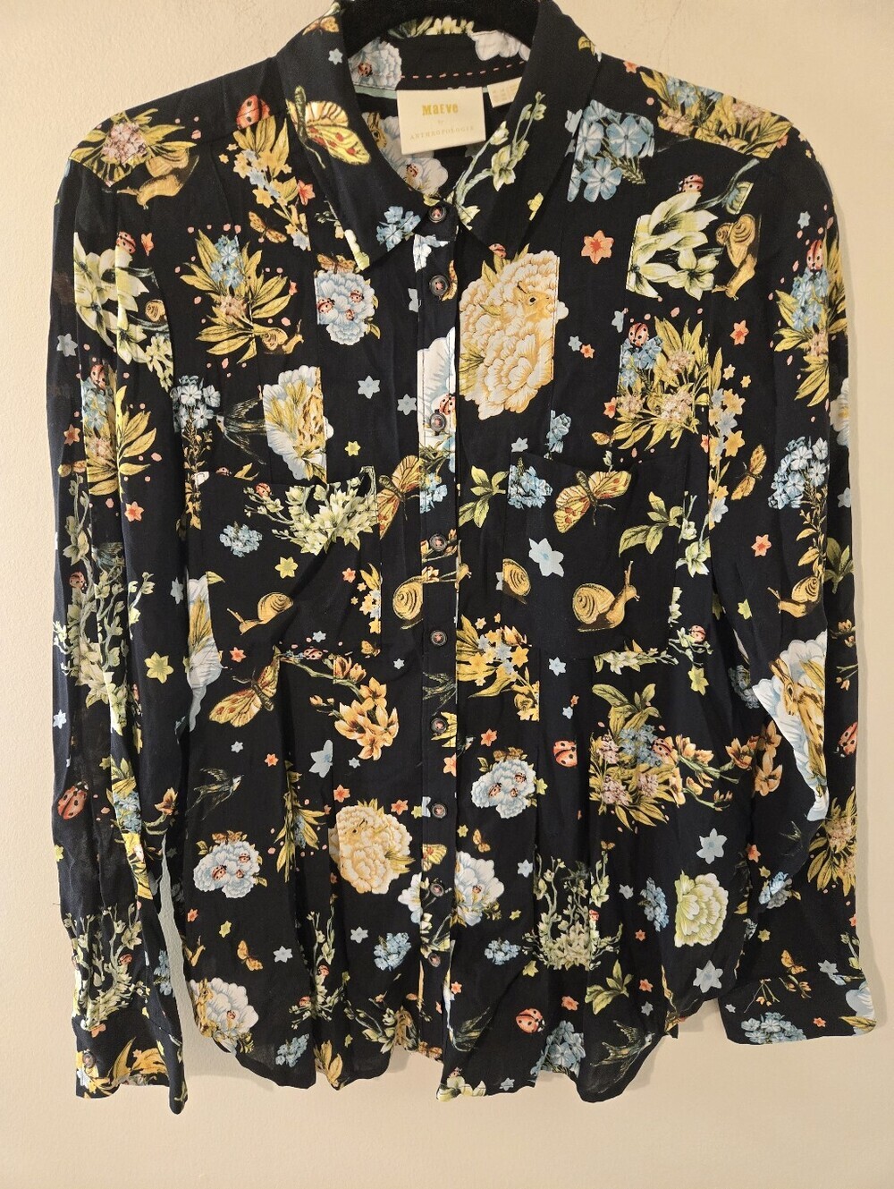 Maeve by Anthropologie Woodland Floral Animal Print Button Front Blouse Women's - Picture 2 of 6